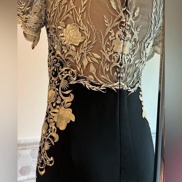 Marchesa Notte Mermaid Black Stretch Crepe and Gold Lace Embroidered Ball Gown 8 - Picture 8 of 16